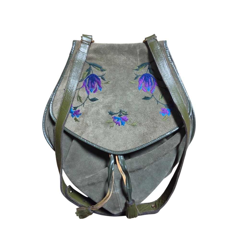 Vintage Kenzo Paris Suede Floral Embroidered Shoulder Bag Tassel Boho Festival